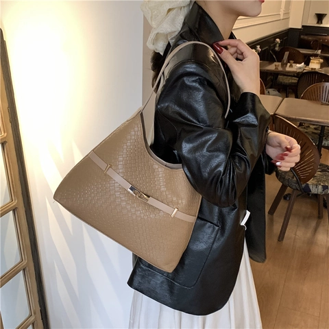 Borsa a Spalla Hobo da Donna Minimalista in Pelle PU con Trama Intrecciata Borsa a Secchiello per Pendolari a Grande Capacità