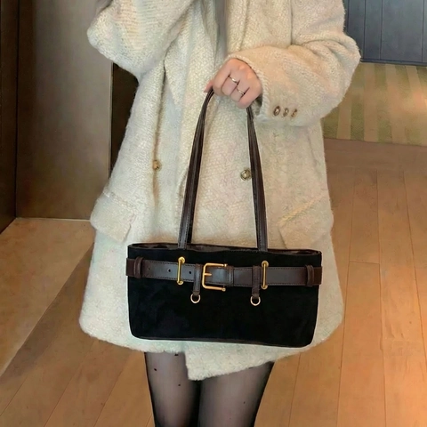 Bolso de Hombro Baguette de Cuero PU Vintage para Mujer Color de Contraste Bolso Casual para Debajo del Brazo Bolso Tote Hebilla
