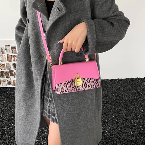 Trendy Leopard Print Patchwork Crossbody Bag For Women Retro PU Leather Shoulder Bag With Gold Lock Buckle Top Handle Square Bag