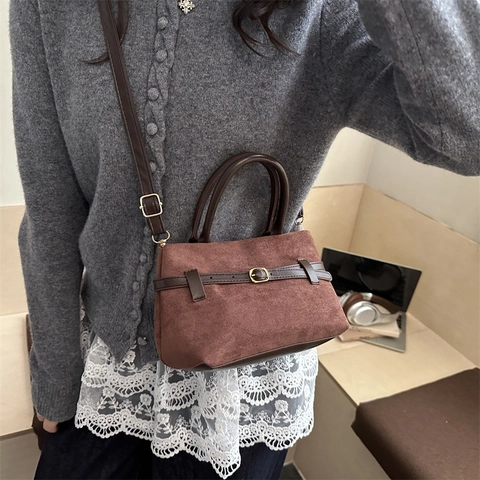 Bolso Tote Bandolera de Ante Sintético Vintage para Mujer Bolso de Hombro Minimalista de Color Sólido Con Hebilla Metálica