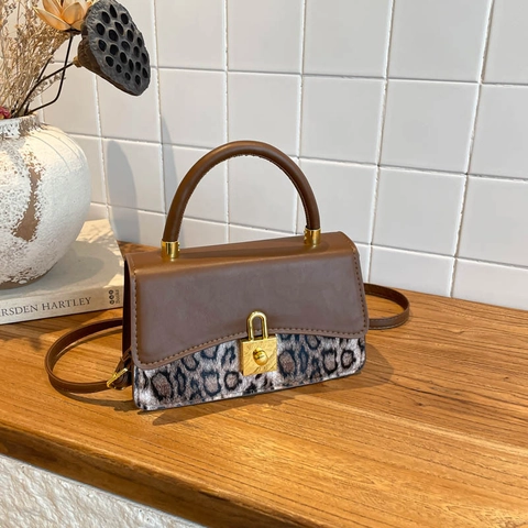 Borsa a Tracolla da Donna con Stampa Leopardata in Pelle PU Handbag Vintage con Cuciture Piccola Borsa a Tracolla Moda