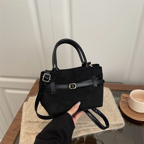 Bolso Bombonera Vintage de Ante para Mujer Color Sólido Bolso de Mano Simple de Mensajero con Correa de Hombro Desmontable