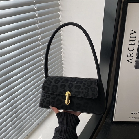 Bolso de Axila Baguette con Estampado de Leopardo para Mujer Bolso de Hombro Vintage Textura Gamuza Hebilla Metal Retro