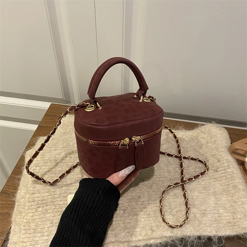 Damen Mini Vanity Case Box Tasche Retro PU-Leder Umhängetasche Mit Kettengurt Griff Gesteppte Schultertasche Mode