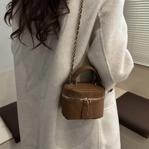 Vintage Suede Texture Mini Crossbody Bag For Women Korean Style Vanity Box Case Handheld Chain Shoulder Bag Small Square Purse