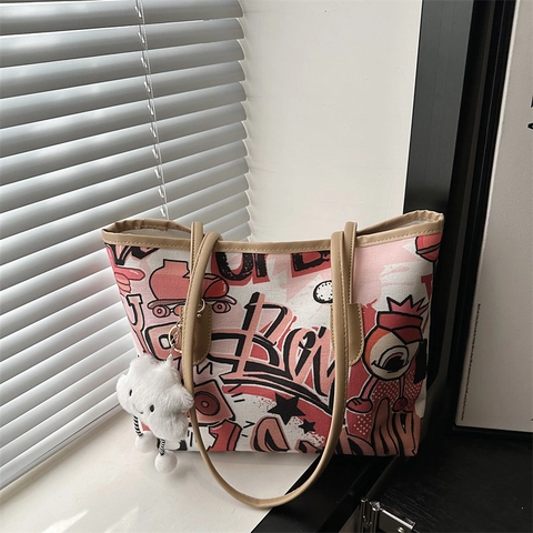 Borsa Tote in Tela Graffiti da Donna di Grande Capacità Con Ciondolo a Nuvola Borsa a Tracolla Stampata per il Pendolarismo Quotidiano