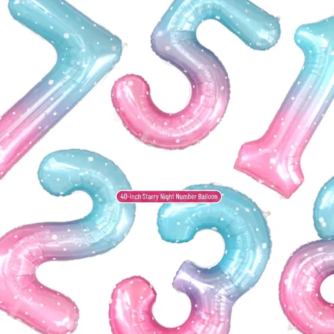 40 Inch Number Balloon Starry Sky Gradient Aluminum Foil Big Digital Balloon For Birthday Party Celebration Decoration Blue Pink