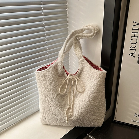 Bolso Tote de Gran Capacidad de Forro Polar Sherpa y Antelina Moda Femenina Estilo Coreano Bolso de Cubo con Lazo Color Sólido Bolso de Mano