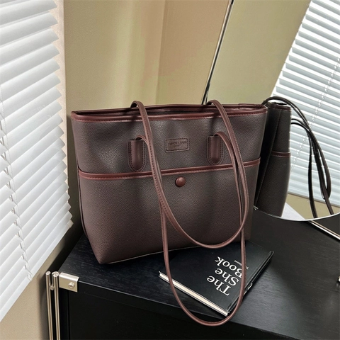 Sac Cabas Femme Grande Capacité Cuir PU Motif Litchi Sac à Main Épaule Sous les Aisselles pour Travail Quotidien Voyage