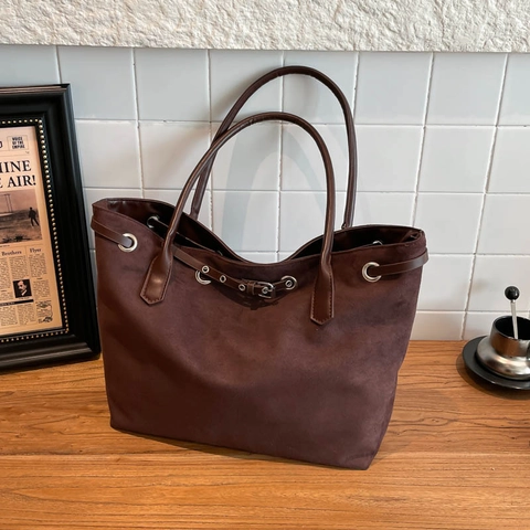 Borsa Tote da Donna in Camoscio a Grande Capacità Rétro Smerigliata per Pendolari Chic Rilassato Con Occhielli in Metallo
