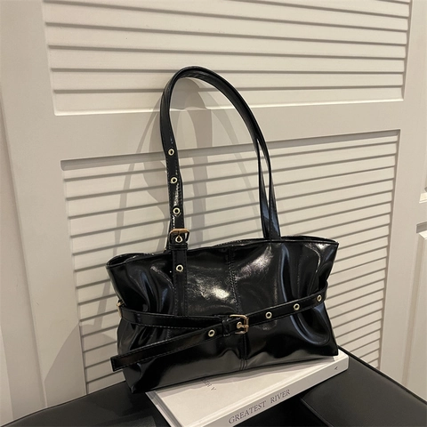 Grand Sac Fourre-tout en Cuir PU Brillant pour Femmes Avec Boucle Sac à Bandoulière pour le Trajet Quotidien