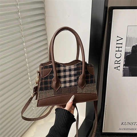 Bolso de Hombro con Empalme de Cuadros Vintage Para Mujer Bolso de Mano de Cuadros Retro Bolso de Bandoulière de Moda con Correa Ajustable