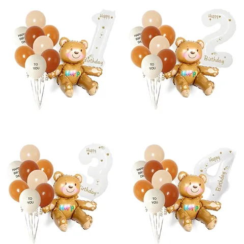 Teddy Bear Birthday Balloon Aluminum Foil Number Latex Balloons Earthy Tones Party Decoration Accessories For Children