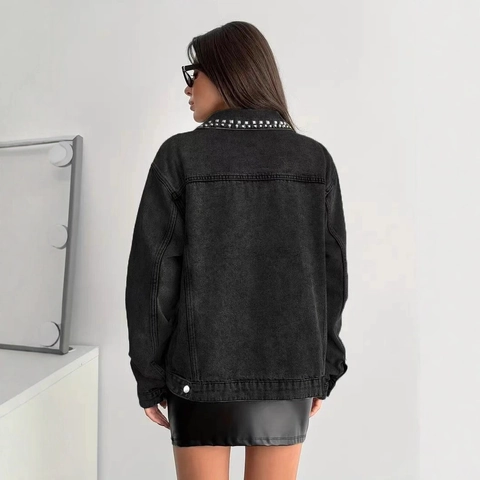 Giacca di Jeans Nera Casual da Donna con Strass Pesanti Lavata in Misto Cotone Cappotto di Jeans a Maniche Lunghe Streetwear