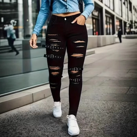 Damen Schwarz Hohe Taille Ripped Skinny Jeans Punk Streetwear Distressed Denim Hosen Mit Metallschnallen Slim Fit Stretch Jean
