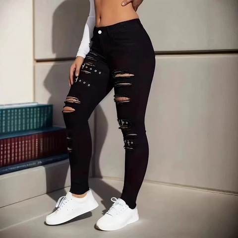 Damen Schwarz Hohe Taille Ripped Skinny Jeans Punk Streetwear Distressed Denim Hosen Mit Metallschnallen Slim Fit Stretch Jean