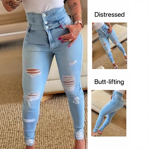 Damen High Waist Ripped Skinny Jeans Distressed Denim Röhrenhose Po-Lifting Stretch Slim Fit Hellblau Denim Hose