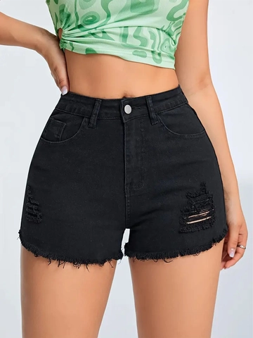 Women's Casual Slim Fit Ripped Denim Shorts Mid Waist Raw Hem Stretch Short Jeans For Summer Streetwear