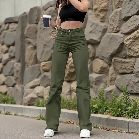 Damen High Waist Gerade Weite Jeans Einfarbig Baumwollmischung Denim Hose Casual Gewaschen Slim Fit Hose Für Frauen