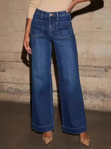 Retro Hoge Taille Wijde Pijpen Denim Jeans Voor Dames Distressed Ice Wash Katoenmix Stretch Broek Met Opgestikte Zakken