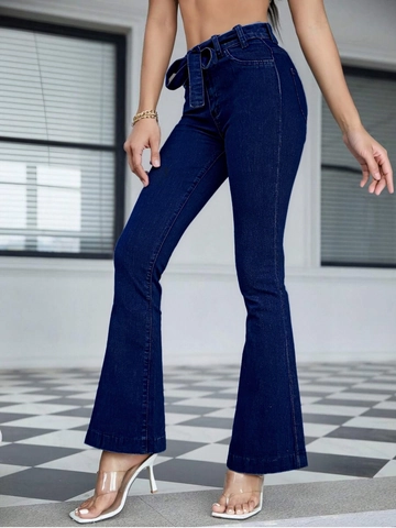 Pantalon Jeans Évasé à Taille Haute pour Femmes Bleu Foncé Coupe Ajustée avec Ceinture à Nœud Élégant