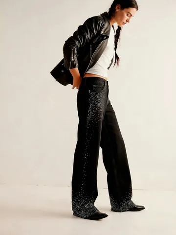 Dames High Waist Straight Leg Jeans Met Strass Versiering Zwart Blauw Denim Broek Casual Mode Losse Wijde Broek