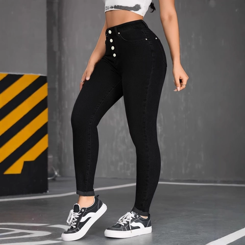 Women High Waisted Skinny Jeans Elastic Multi Button Slim Fit Washed Denim Pants Black Stretchy Pencil Trousers Streetwear