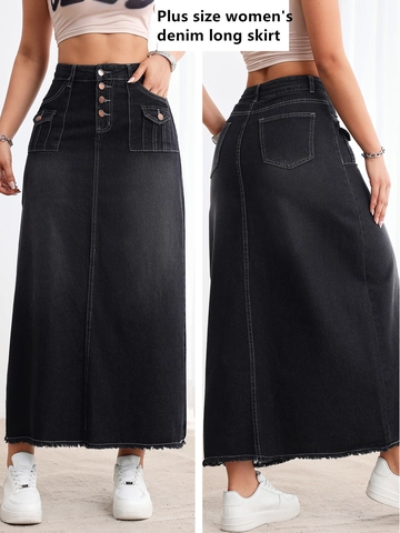 Damen Übergröße Denim Langer Rock Hohe Taille Mehrere Knöpfe Gewaschener Schwarzer Jeansrock Mit Taschen Offene Kanten Vintage Lässiger Rock