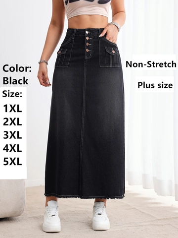 Damen Übergröße Denim Langer Rock Hohe Taille Mehrere Knöpfe Gewaschener Schwarzer Jeansrock Mit Taschen Offene Kanten Vintage Lässiger Rock