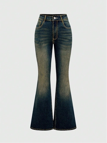 Damen Vintage Flare Jeans Baumwolle Denim Hose Hohe Taille Distressed Washed Mit Gothic Stickerei Lässig Streetwear