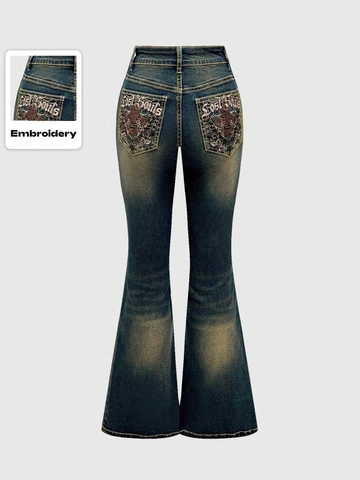 Women Retro High Waist Flare Jeans Embroidered Wash Denim Pants Streetwear Slim Fit Bootcut Jeans Blue Denim Bottom