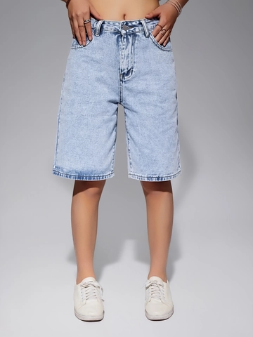 Pantaloncini Bermuda in Denim da Donna a Vita Alta Blu Chiaro Casual Ampi a Gamba Dritta Jeans Lavati Orlo a Taglio Vivo