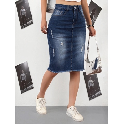 Damen Casual Jeansrock Hohe Taille Distressed Offene Kante Bodycon Midi Rock Baumwollmischung Slim Fit Streetwear Mode Unterteile