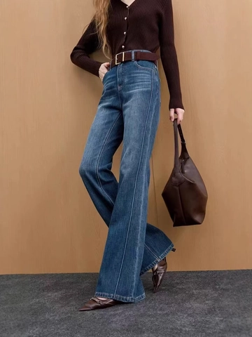 Jeans a Campana a Vita Alta da Donna con Orlo Sfilacciato Doppio Bottone Pantaloni in Denim Vintage Blu Elastici Slim Fit