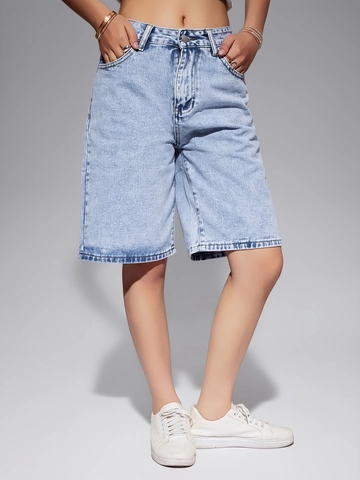 Pantaloncini Bermuda in Denim da Donna a Vita Alta Blu Chiaro Casual Ampi a Gamba Dritta Jeans Lavati Orlo a Taglio Vivo