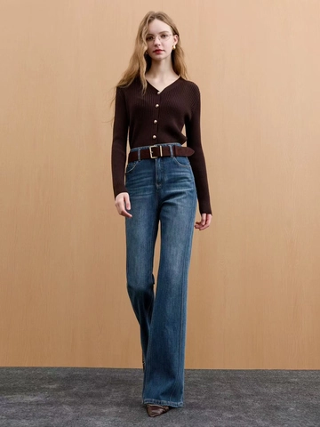 Jeans a Campana a Vita Alta da Donna con Orlo Sfilacciato Doppio Bottone Pantaloni in Denim Vintage Blu Elastici Slim Fit