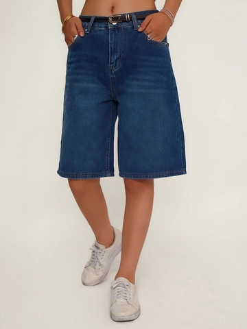 Women's Dark Blue High Waist Denim Bermuda Shorts Loose Straight Leg Relaxed Fit Cotton Blend Knee Length Jean Shorts