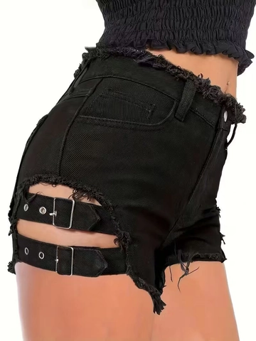 Pantaloncini di Jeans Neri da Donna Con Rientranze Laterali Fibbie in Metallo Punk Sfrangiati Streetwear Jeans Corti