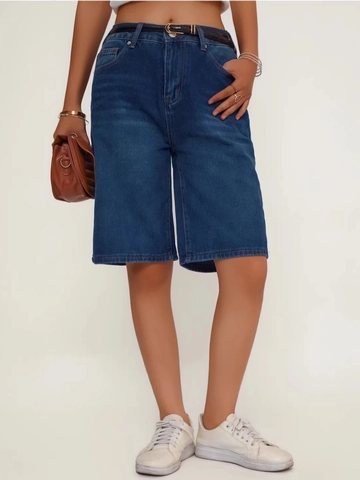Women's Dark Blue High Waist Denim Bermuda Shorts Loose Straight Leg Relaxed Fit Cotton Blend Knee Length Jean Shorts