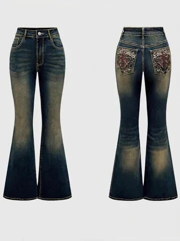Damen Vintage Flare Jeans Baumwolle Denim Hose Hohe Taille Distressed Washed Mit Gothic Stickerei Lässig Streetwear