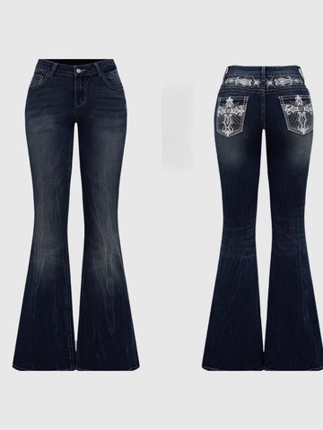 Pantaloni Jeans a Campana Donna Retro Y2K Ricamo Croce Strass Vita Alta Lavati Pantaloni Denim Gothic Slim Fit