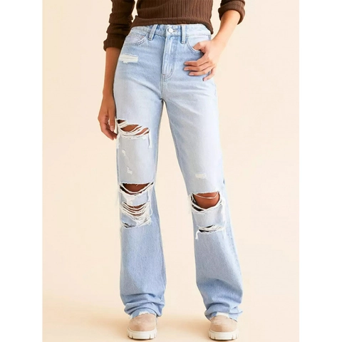 Jeans Strappati da Donna Streetwear in Denim di Cotone Lavato Vita Alta Pantaloni a Gamba Dritta Blu Classico Lunghi Casual