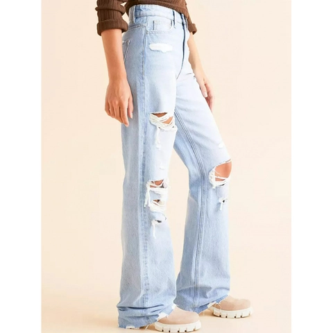 Jeans Strappati da Donna Streetwear in Denim di Cotone Lavato Vita Alta Pantaloni a Gamba Dritta Blu Classico Lunghi Casual