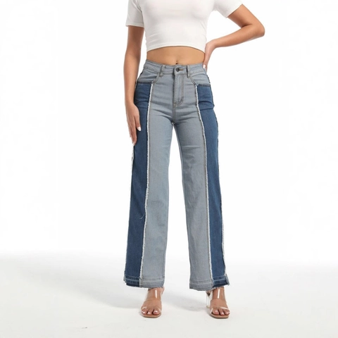 Pantaloni di Jeans Donna a Vita Bassa a Blocchi di Colore Gamba Dritta Patchwork Streetwear Cotone Poliestere