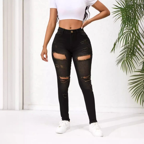 Pantaloni Jeans Skinny Strappati da Donna Distressed a Vita Alta in Denim Streetwear Vestibilità Aderente Elasticizzati Lavati Nero Grigio