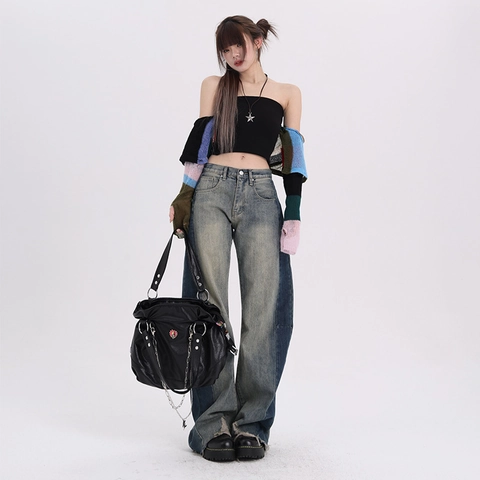 Jeans Femme Patchwork Jambe Large Rétro Taille Haute Couleur Contrastée Pantalon Denim Avec Ourlet Brut Streetwear Décontracté