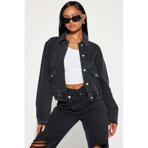 Completo in Denim Nero Lavato da Donna Streetwear Casual Giacca Corta Comoda e Pantaloni in Denim Strappati