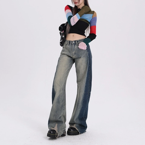 Jeans Femme Patchwork Jambe Large Rétro Taille Haute Couleur Contrastée Pantalon Denim Avec Ourlet Brut Streetwear Décontracté
