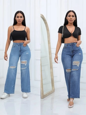 Pantaloni da Donna a Vita Alta Strappati in Denim a Gamba Larga Jeans Dritti Baggy Streetwear Casual