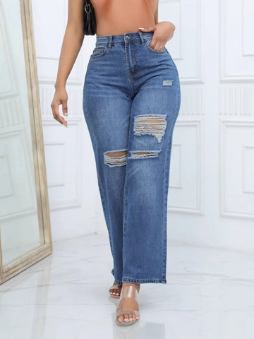 Pantaloni da Donna a Vita Alta Strappati in Denim a Gamba Larga Jeans Dritti Baggy Streetwear Casual